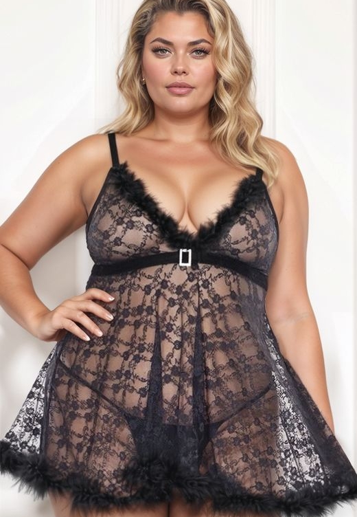 Camicia da Notte Empire - Nero Pizzo Pelliccia