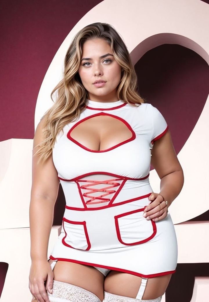 Sexy wit verpleegsterspakje - half doorschijnend kort jurkje met kousenbanden