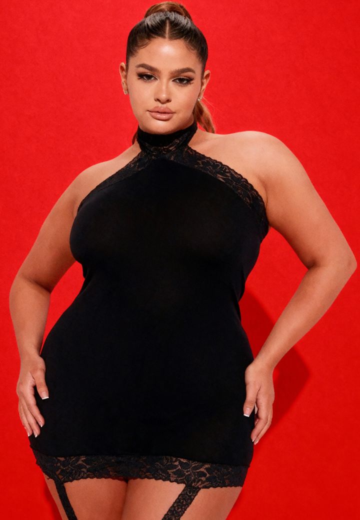 Bodystocking opaque avec bas jarretières dentelle intégrés