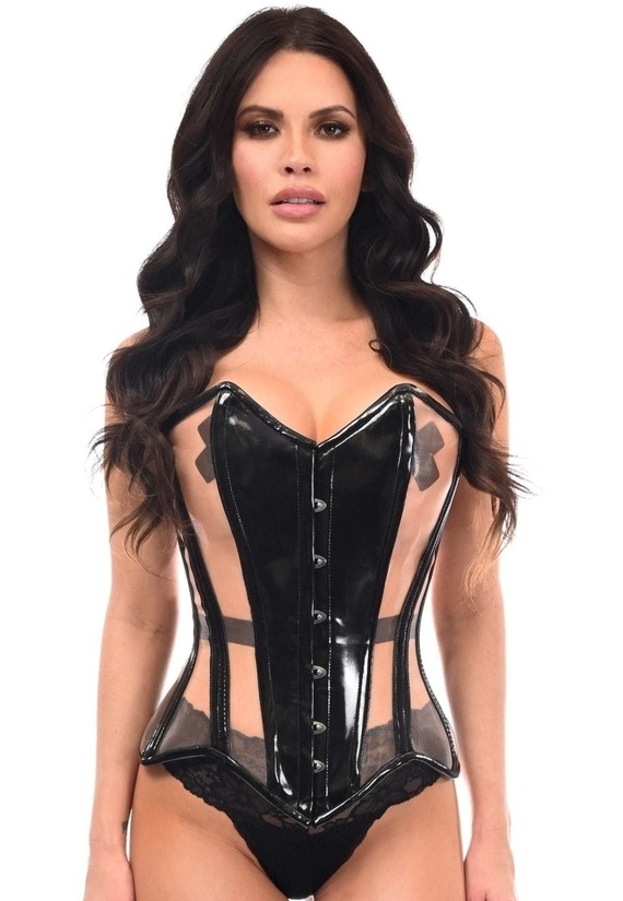 Corsé sobre pecho de vinilo negro y rejilla transparente
