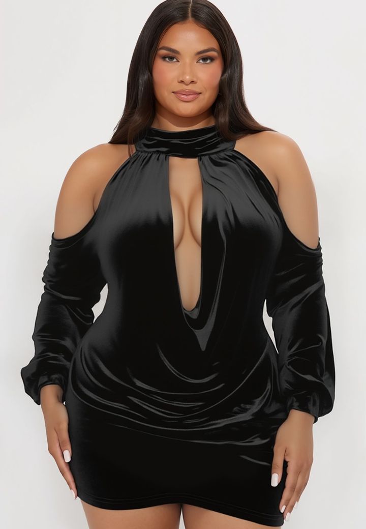 Abito Nero Velluto Elastico - Spalle Nude Scollatura Drappeggiata