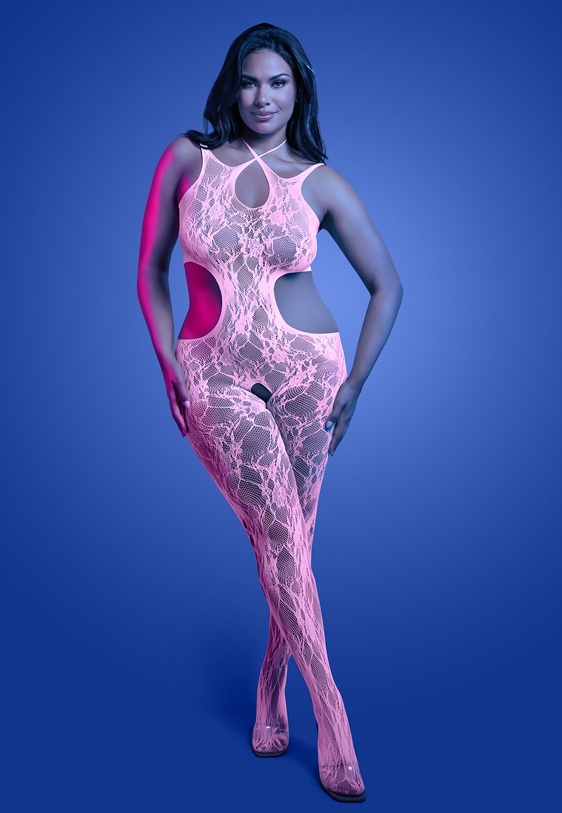 Fluorescerende kanten bodystocking: Roze elegantie die oplicht