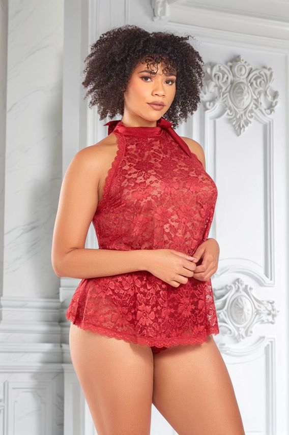 Babydoll Hera - Red Lace Backless with Ruffled Panty