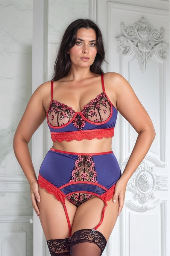 Ensemble Maurie - Bra, Garter Belt and String Blue and Red