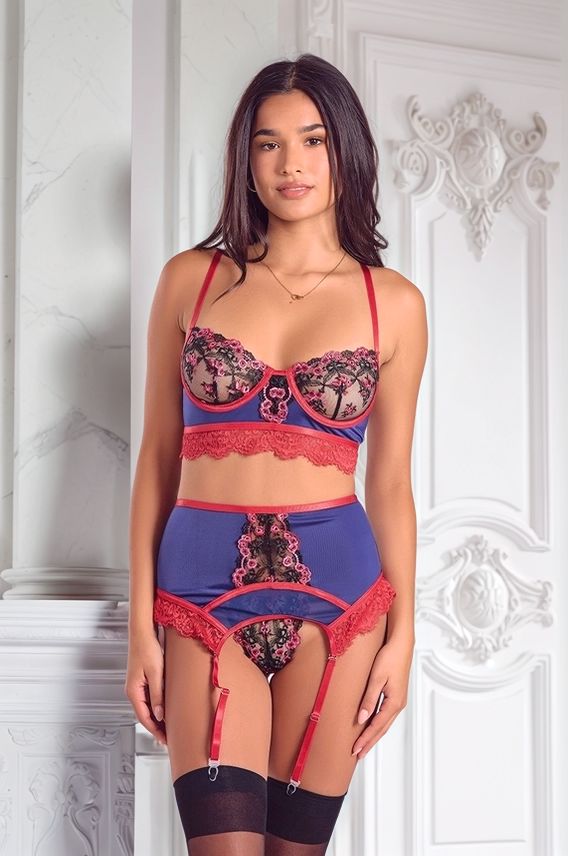 Ensemble Maurie - Bra, Garter Belt and String Blue and Red