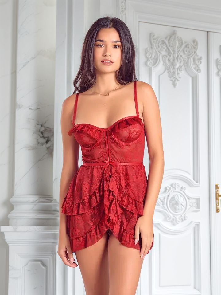 Ensemble Serenity - Babydoll Rood Meerlaagse Volants