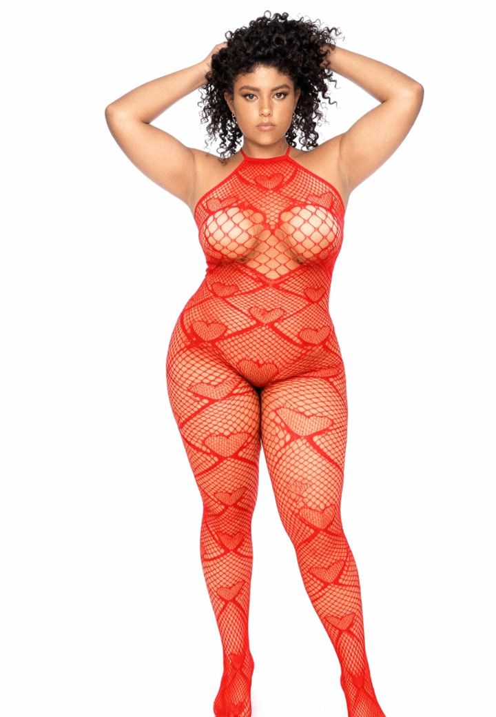 Bodystocking rouge résille cœur strass, tour de cou élégant et ouverture audacieuse