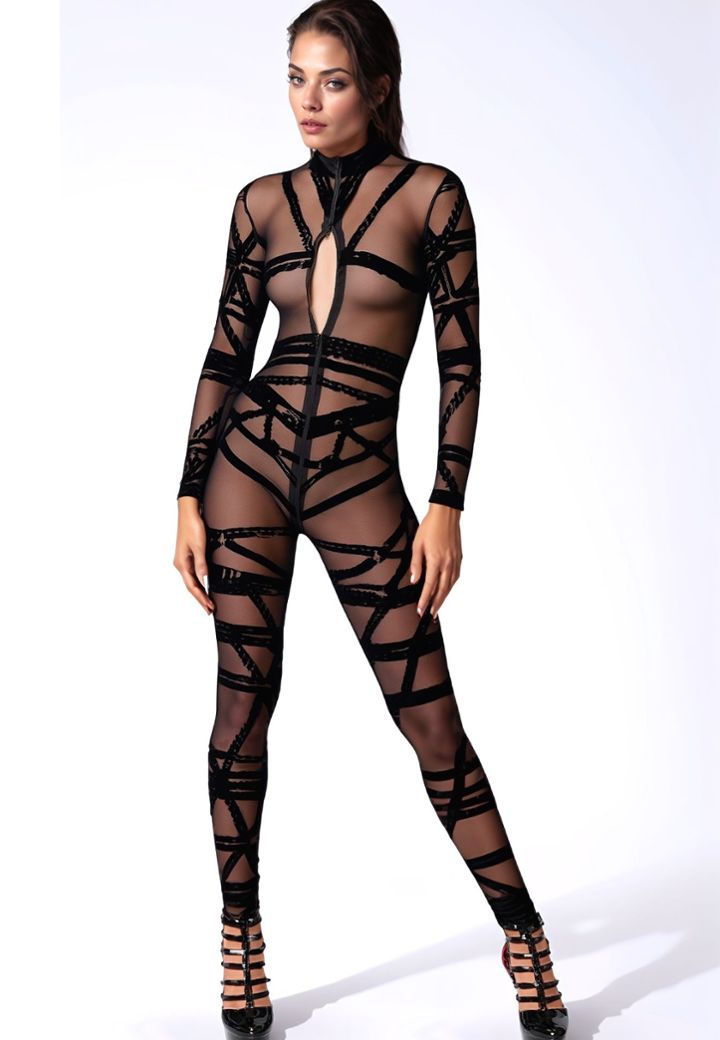 Shibari Flocked Tulle Jumpsuit - Τέχνη της Αποπλάνησης και της Δέσμευσης