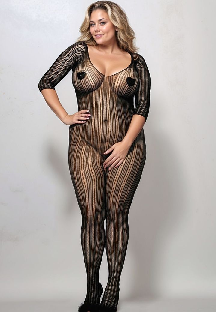 Bodystocking με κάθετες ρίγες - 3/4 μανίκια και κάθετη λαιμόκοψη