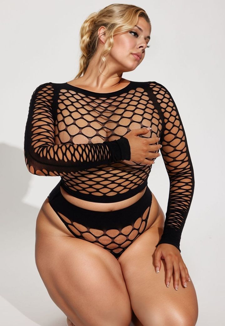 Set Clubby - Top a manica lunga e mutandine a rete a vita alta Bodystocking