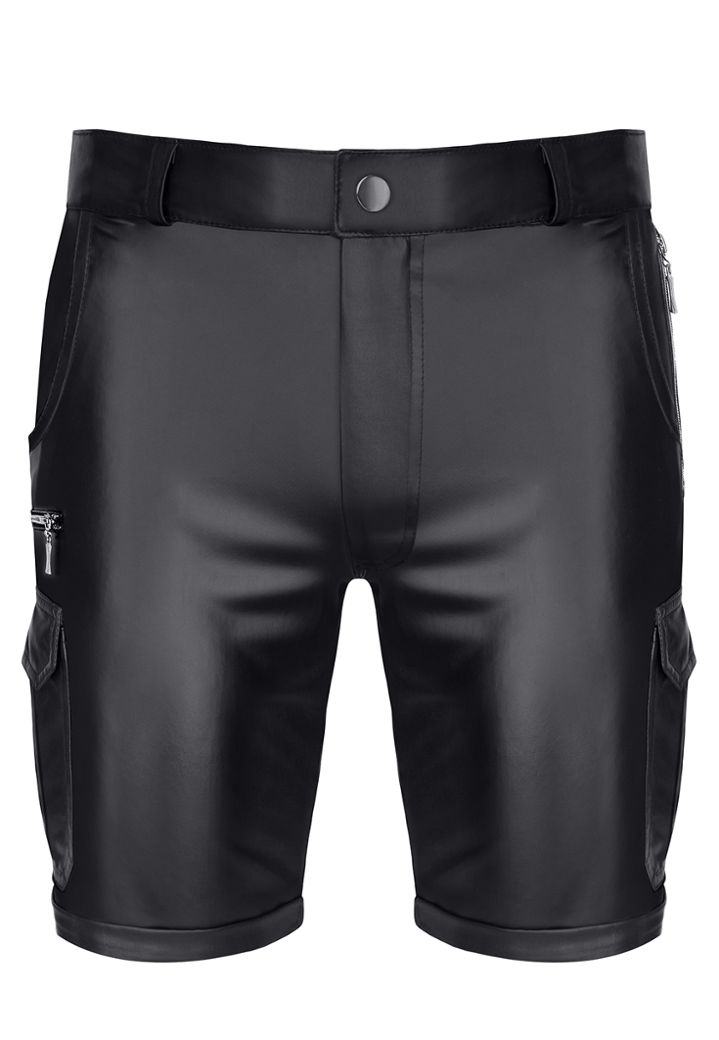 Short Cargo Paolo - Mat Kunstleder Zwart - Lage Taille 8 Zakken
