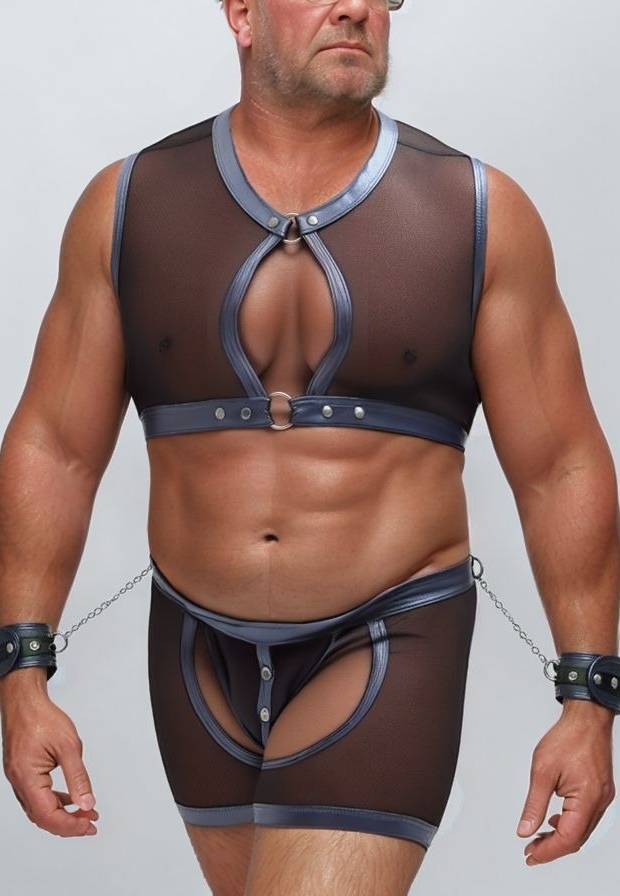 Set bondage a rete nera e Wetlook blu con manette integrate
