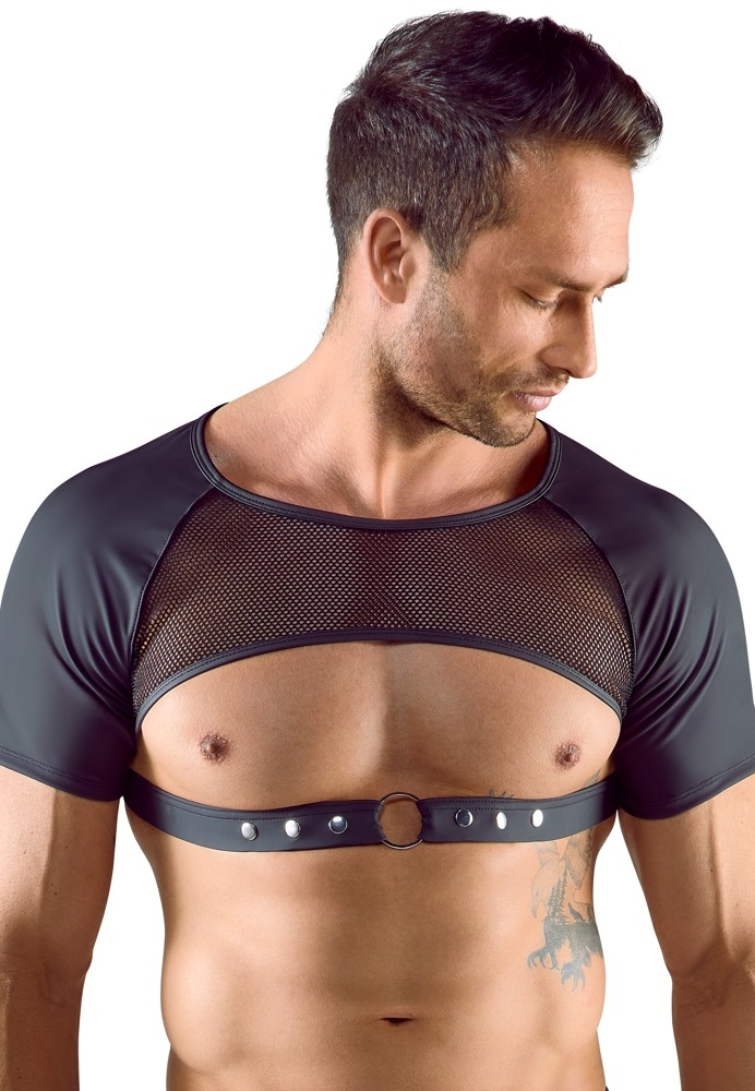Half-Sleeve Black Matte Shirt : Open Chest and Abs, Transparent Mesh