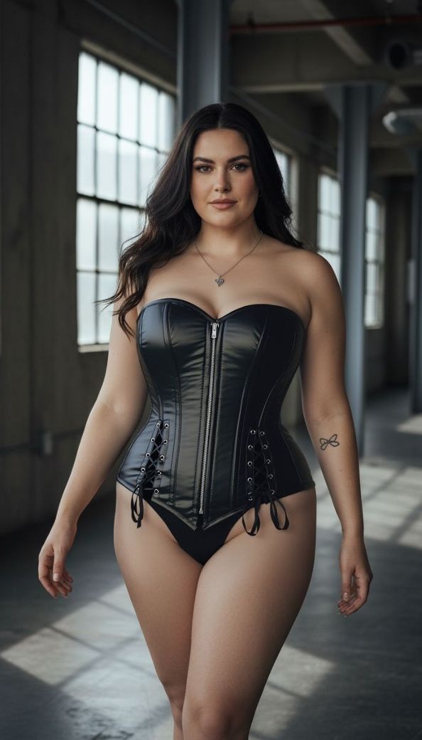 Plus size faux leather overbust corset, zip & Victorian comfort